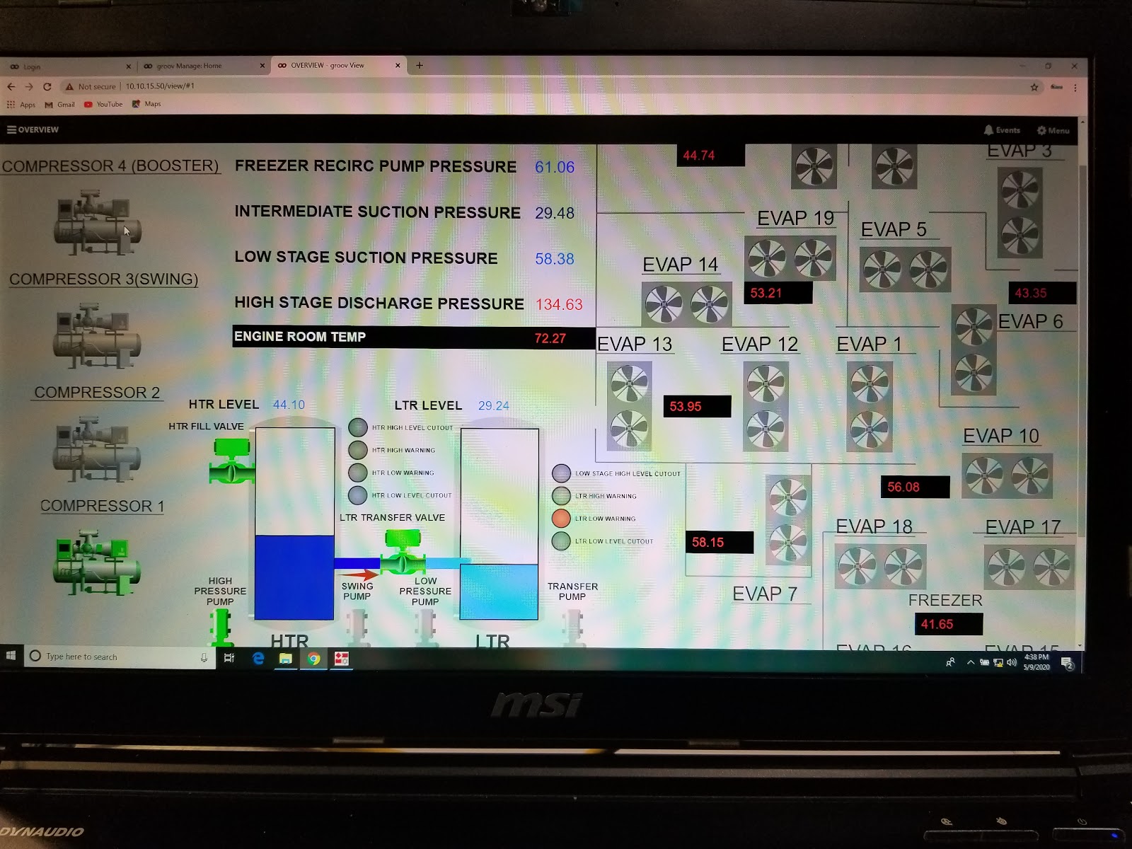 Laptop HMI showing compressors, receivers, and evaporator fans.