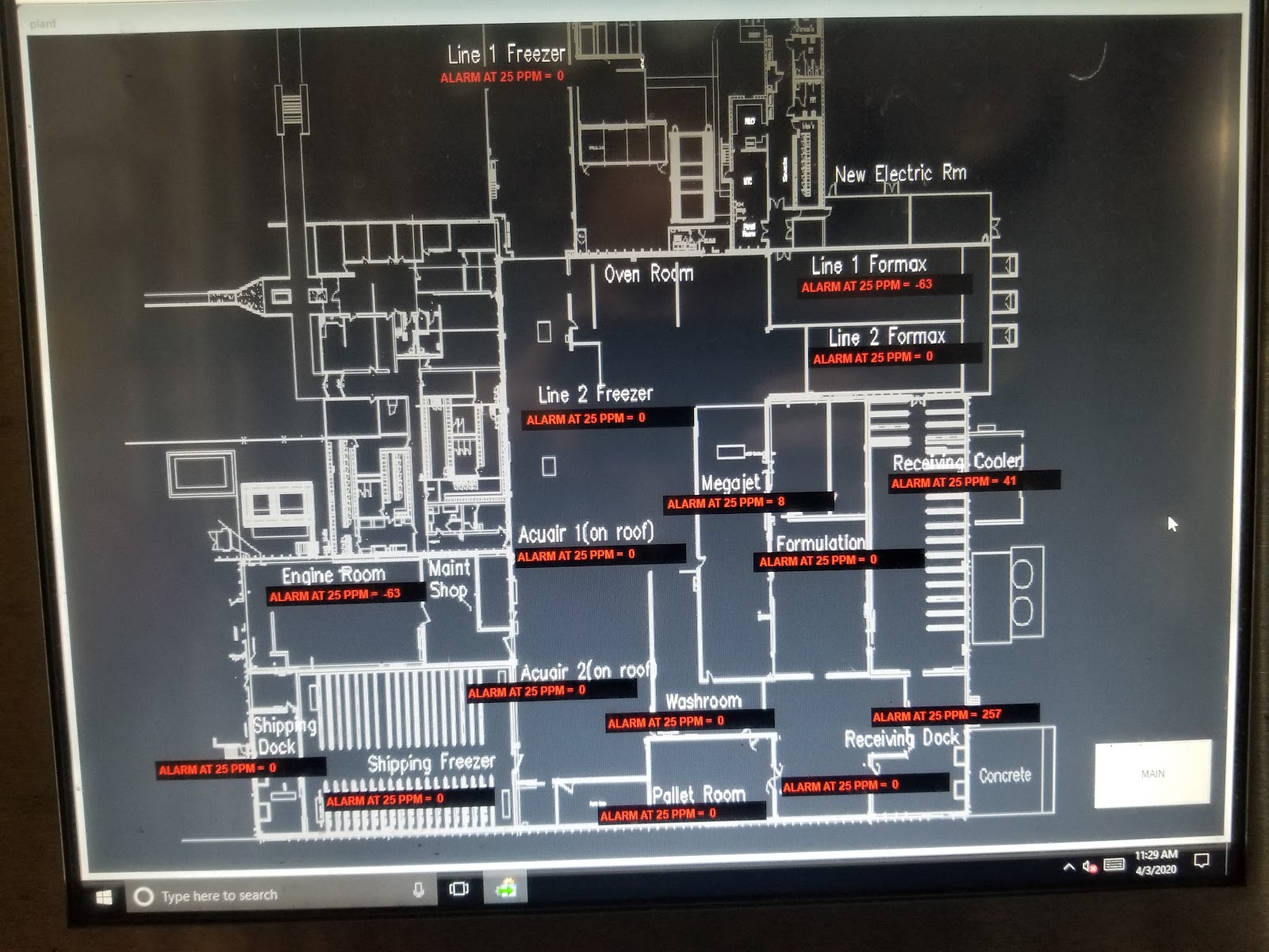 Plant-overview HMI map with area status and alarm readouts.