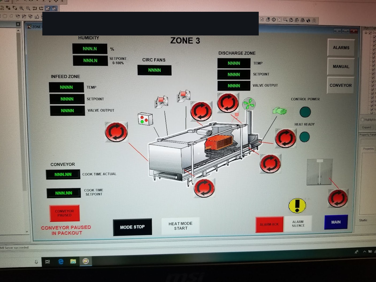 HMI zone screen with a tank graphic and operator buttons.