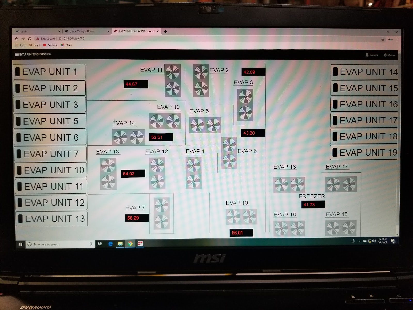 Wide HMI listing evaporator units and status fields.