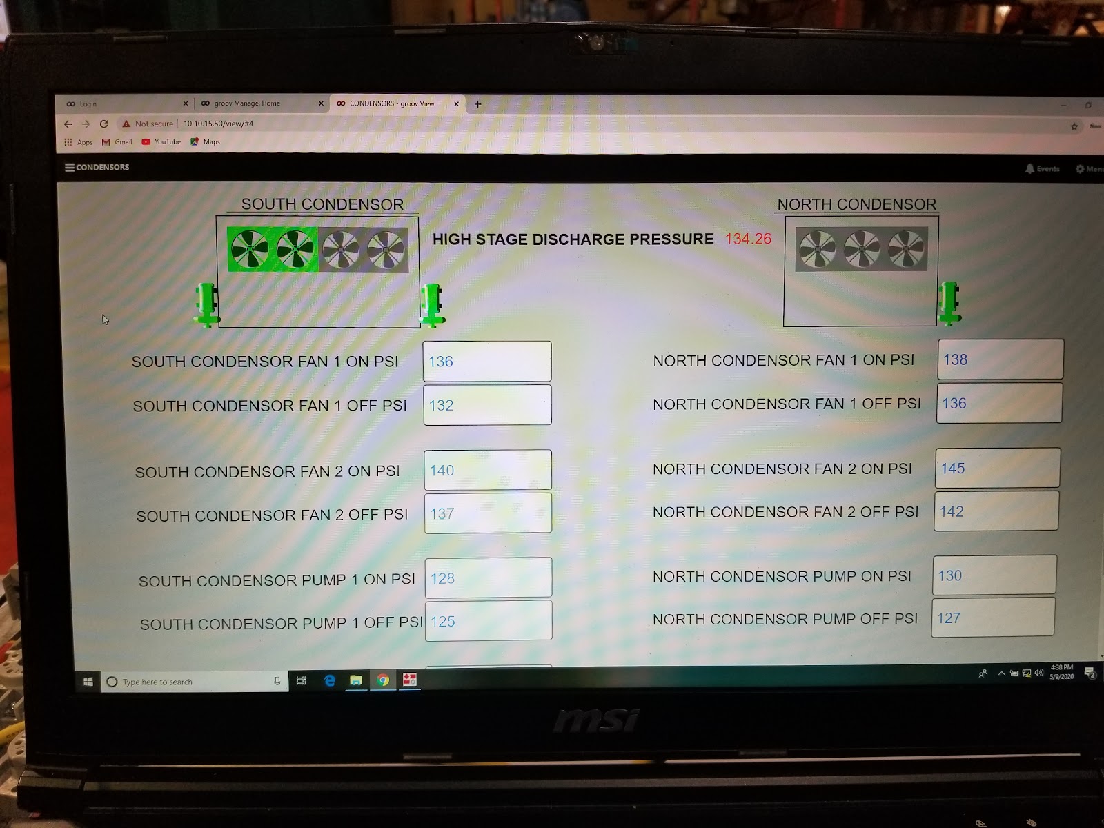 Laptop groov View screen for south and north condensers.
