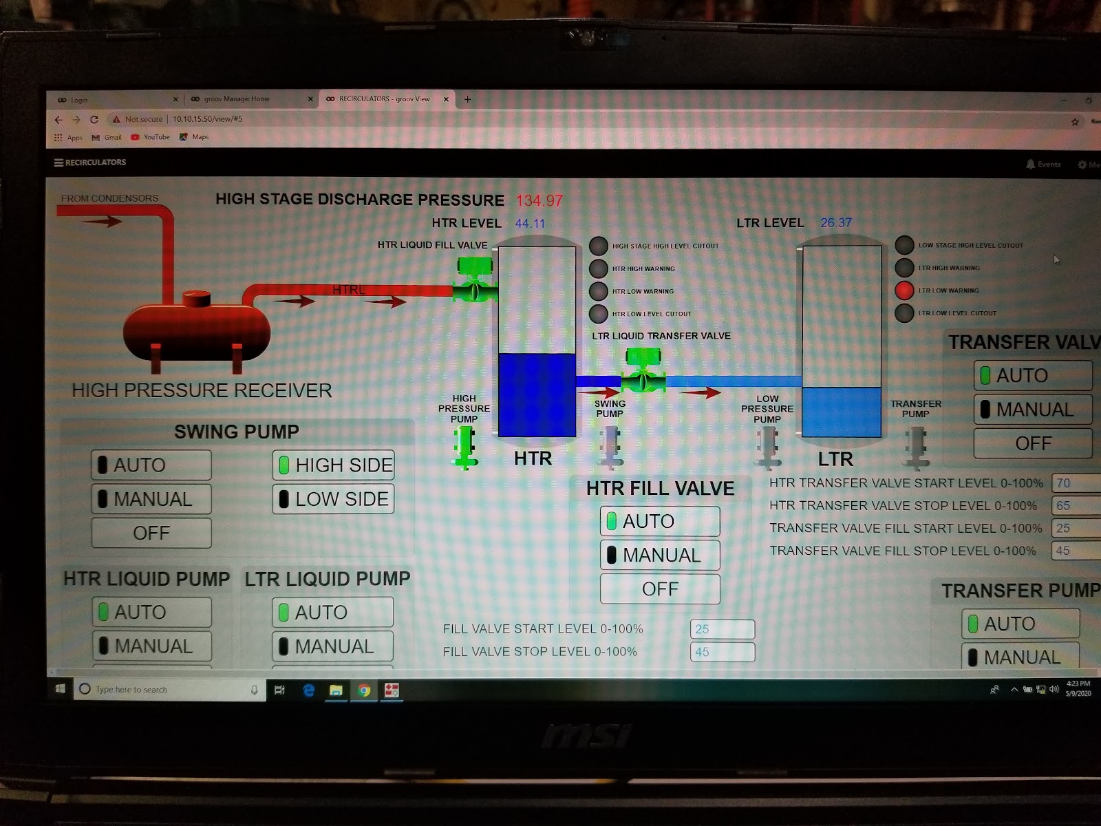 HMI process graphic with chiller and process pumps.