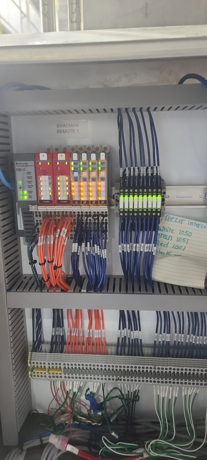 Narrow panel section with terminal blocks and I/O modules.