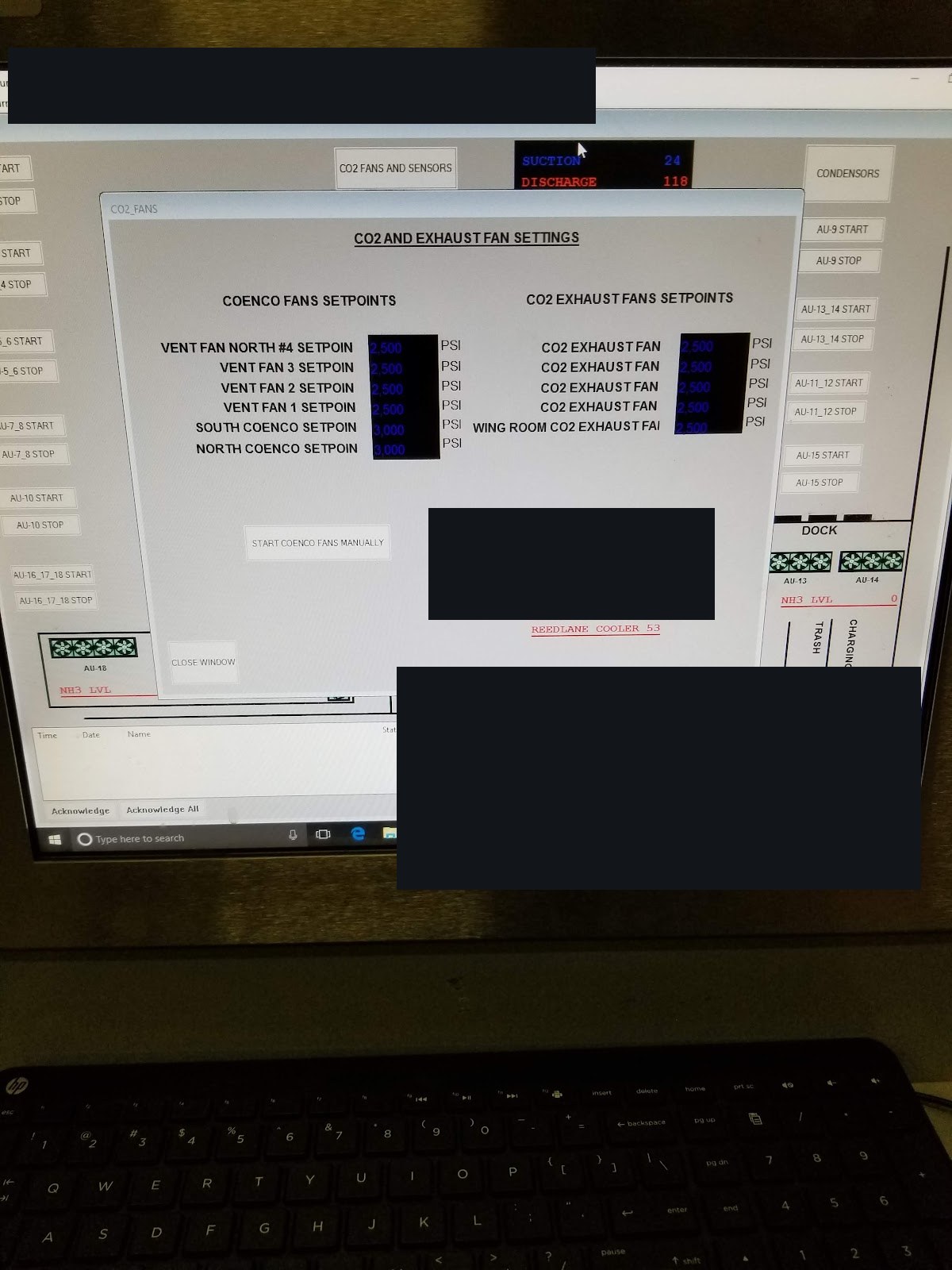 Desktop HMI for fans, sensors, and setpoints.