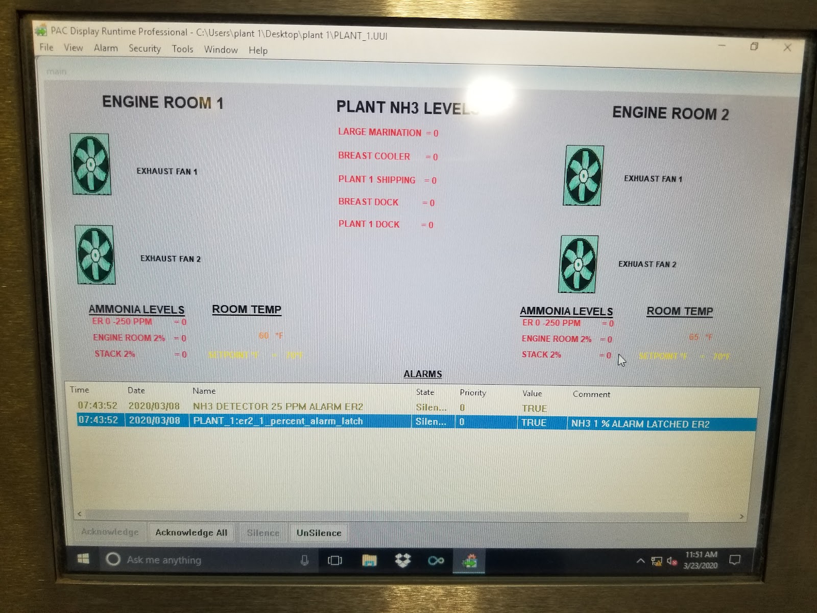 HMI engine-room screen with tank levels and fan status.