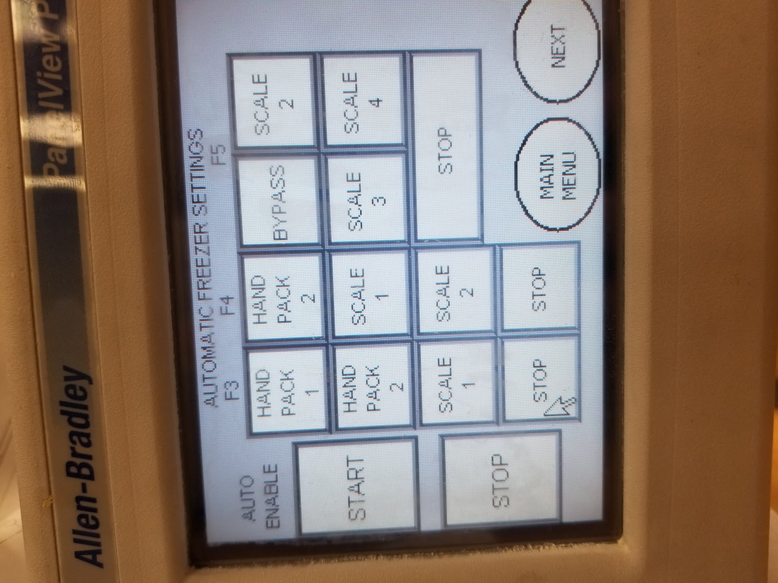 HMI scale controls with Auto, Manual, Start, and Stop.