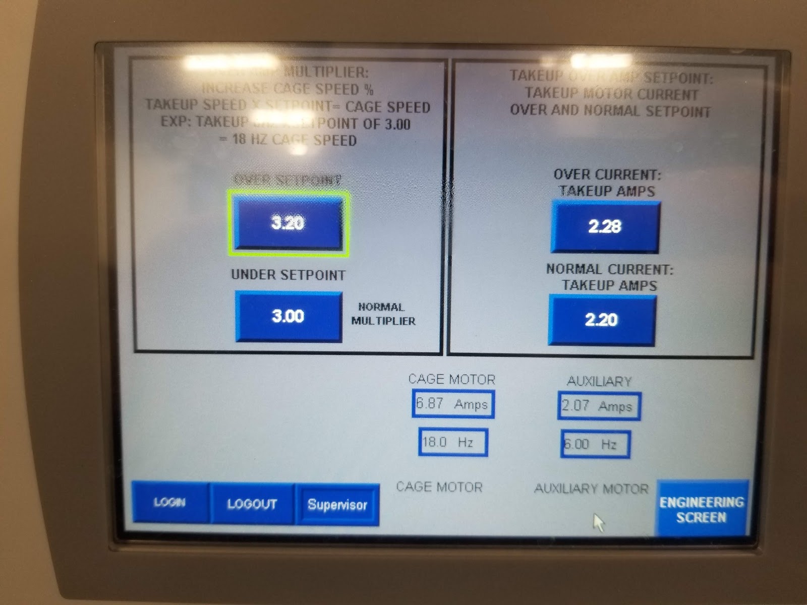 HMI setpoints screen with large numeric fields.