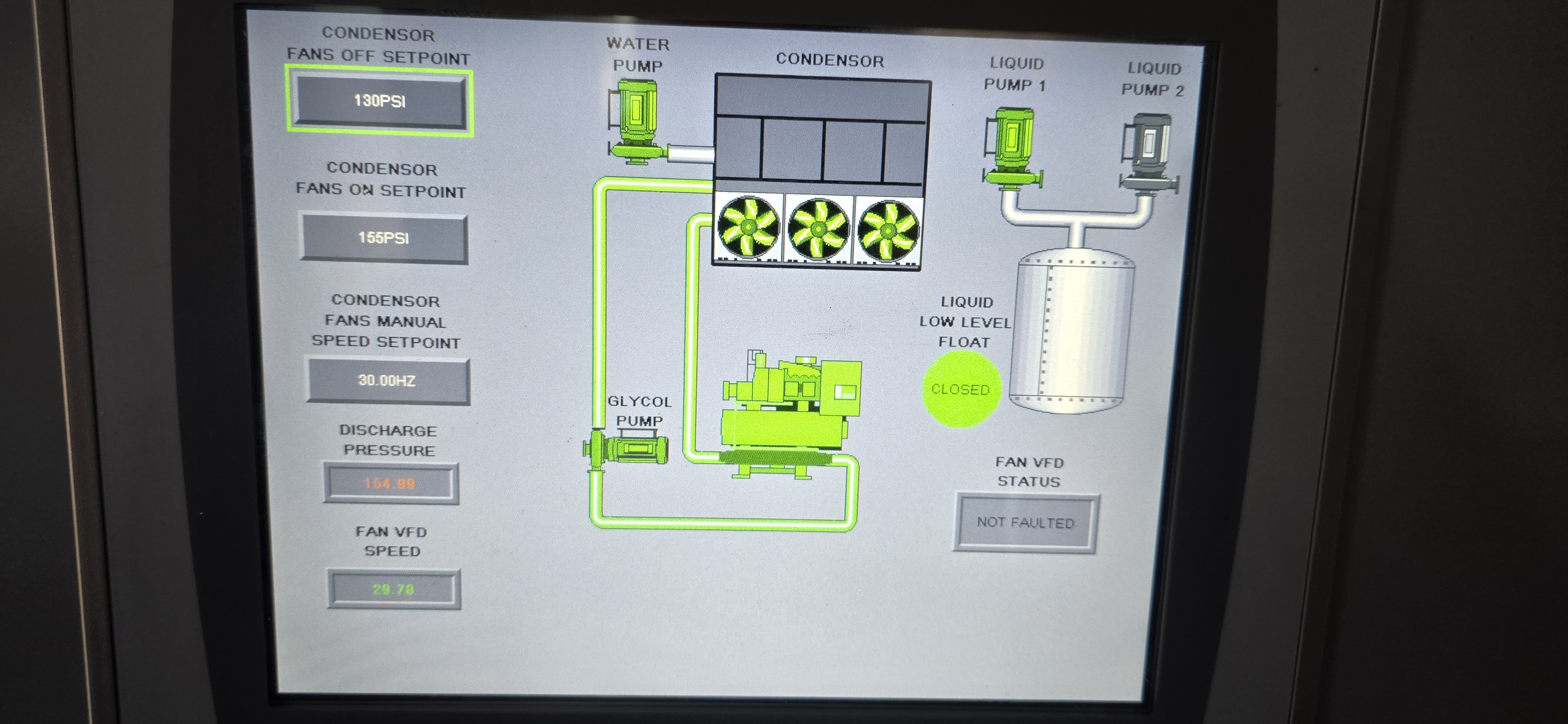 HMI screen for condenser fans, pumps, and discharge pressure.