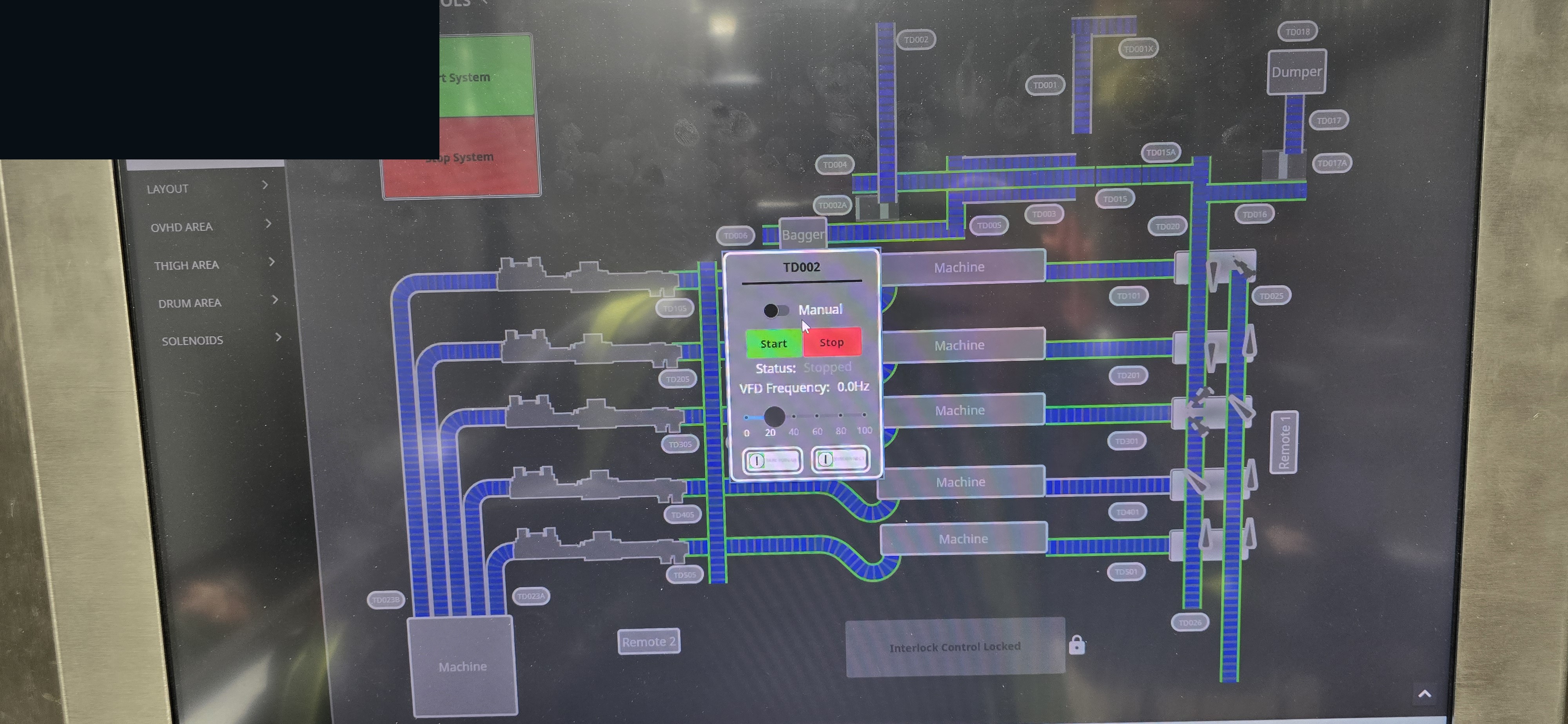 HMI line layout with start and stop and a VFD popup.