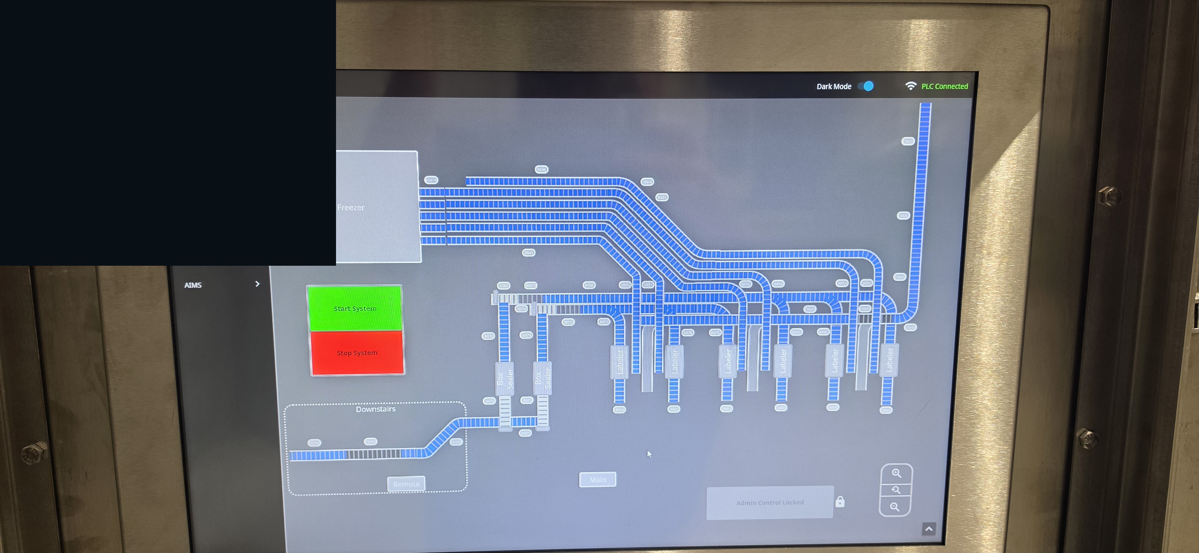 Stainless-mounted HMI conveyor layout with start and stop.